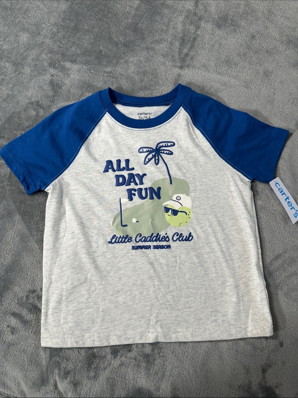 NWTS Boys Carter's Blue Raglan Tee w/Light Gray Body & Green Graphic ⛳️ Sz 5T